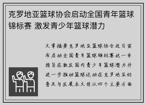 克罗地亚篮球协会启动全国青年篮球锦标赛 激发青少年篮球潜力