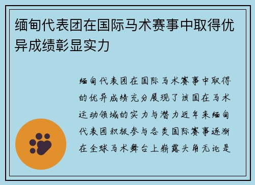 缅甸代表团在国际马术赛事中取得优异成绩彰显实力