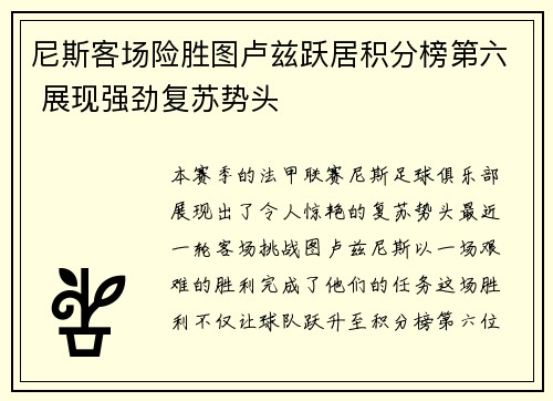 尼斯客场险胜图卢兹跃居积分榜第六 展现强劲复苏势头