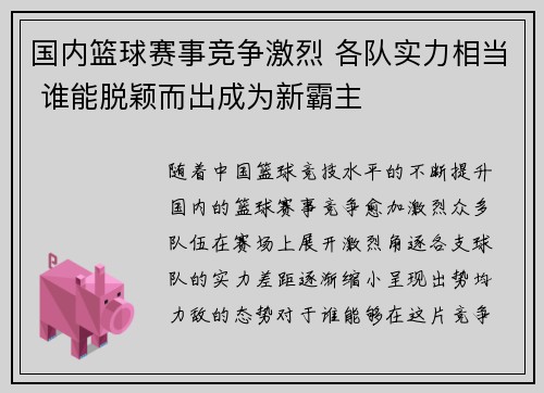 国内篮球赛事竞争激烈 各队实力相当 谁能脱颖而出成为新霸主