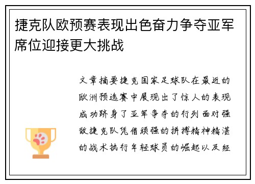 捷克队欧预赛表现出色奋力争夺亚军席位迎接更大挑战