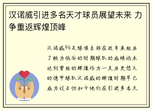 汉诺威引进多名天才球员展望未来 力争重返辉煌顶峰