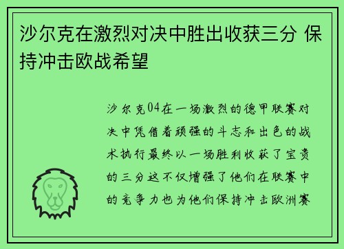 沙尔克在激烈对决中胜出收获三分 保持冲击欧战希望