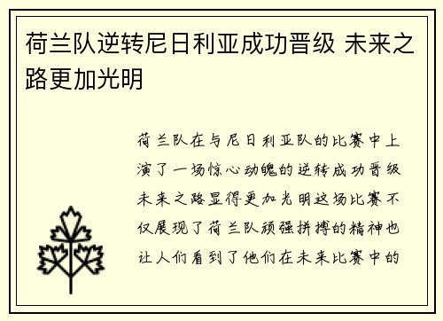 荷兰队逆转尼日利亚成功晋级 未来之路更加光明