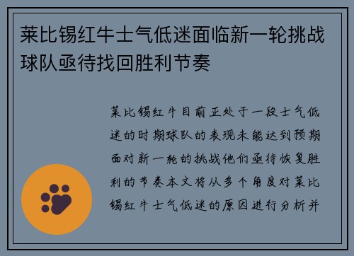莱比锡红牛士气低迷面临新一轮挑战球队亟待找回胜利节奏
