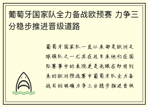 葡萄牙国家队全力备战欧预赛 力争三分稳步推进晋级道路