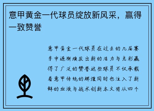 意甲黄金一代球员绽放新风采,赢得一致赞誉
