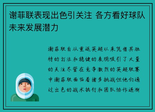 谢菲联表现出色引关注 各方看好球队未来发展潜力