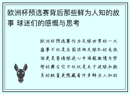 欧洲杯预选赛背后那些鲜为人知的故事 球迷们的感慨与思考