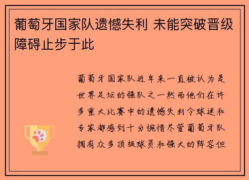 葡萄牙国家队遗憾失利 未能突破晋级障碍止步于此