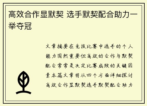 高效合作显默契 选手默契配合助力一举夺冠